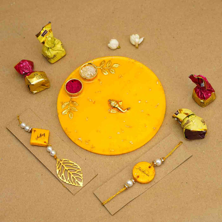 Personalized Handmade Yellow Resin Rakhi Thali  With Roli Chawal For Bhaiya and Bhabhi | Set of 3