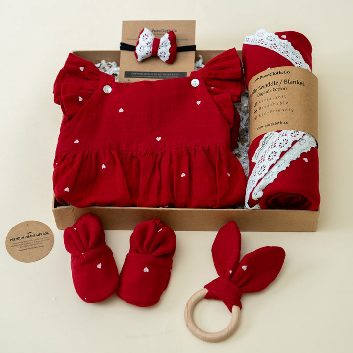 Christmas Red Heart Baby Girl Gift Hamper | Romper, Swaddle & Teether