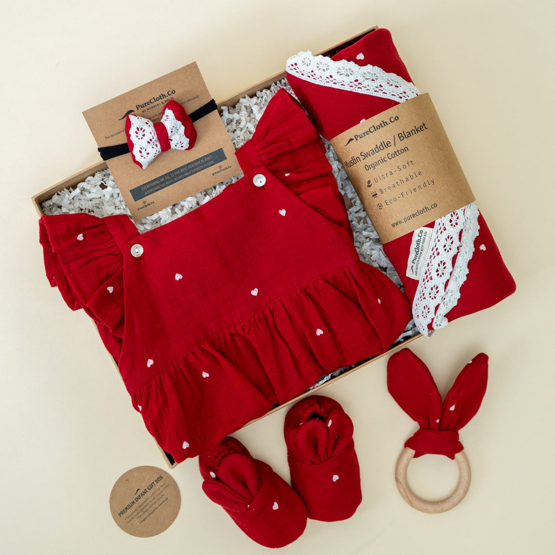 Christmas Red Heart Baby Girl Gift Hamper | Romper, Swaddle & Teether