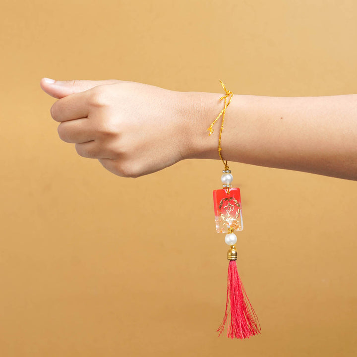 Personalized Handmade Red Resin Lumba Rakhi For Bhabhi With Roli Chawal - Rakhi Thread Worn on Wrist