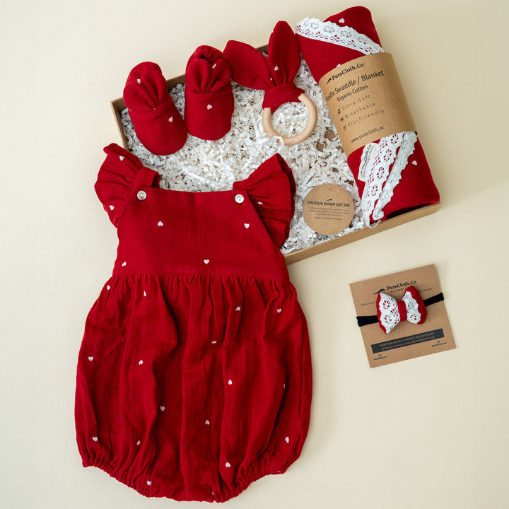 Christmas Red Heart Baby Girl Gift Hamper | Romper, Swaddle & Teether