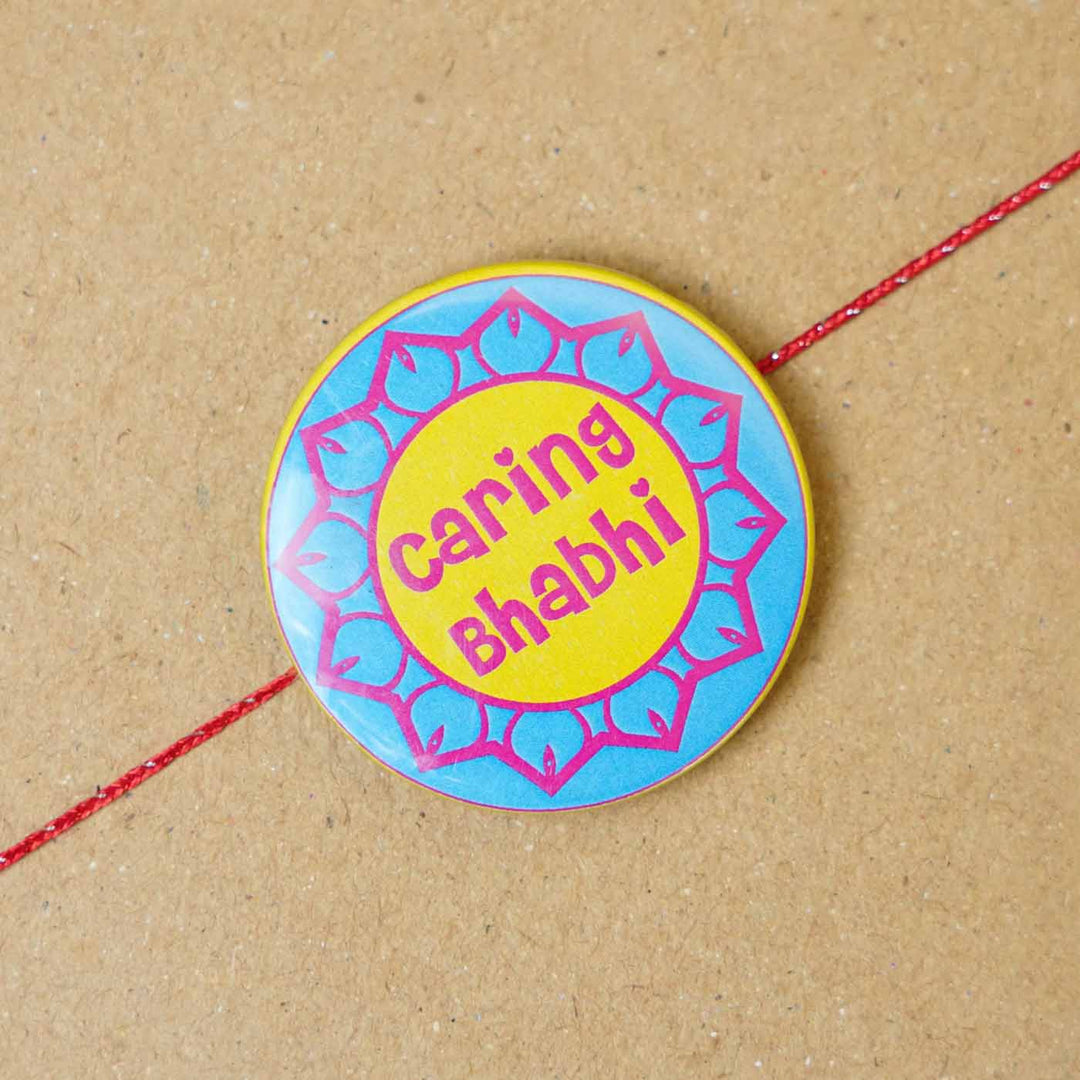 Reusable Printed Caring Bhabhi Magnetic Metal Rakhi With Roli Chawal