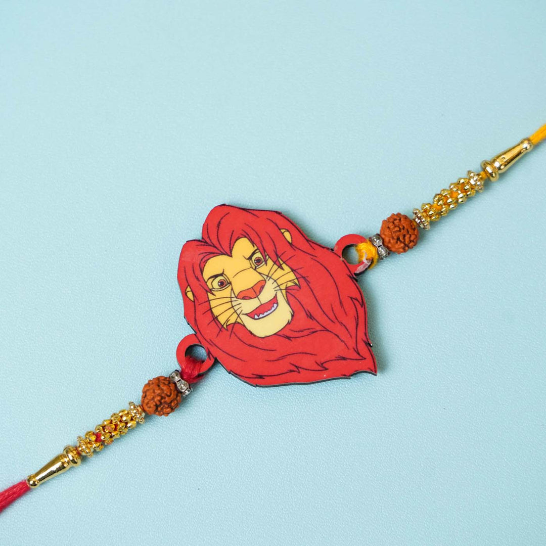 Handmade Printed Lion King Wooden Rudraksha Rakhi With Roli Chawal