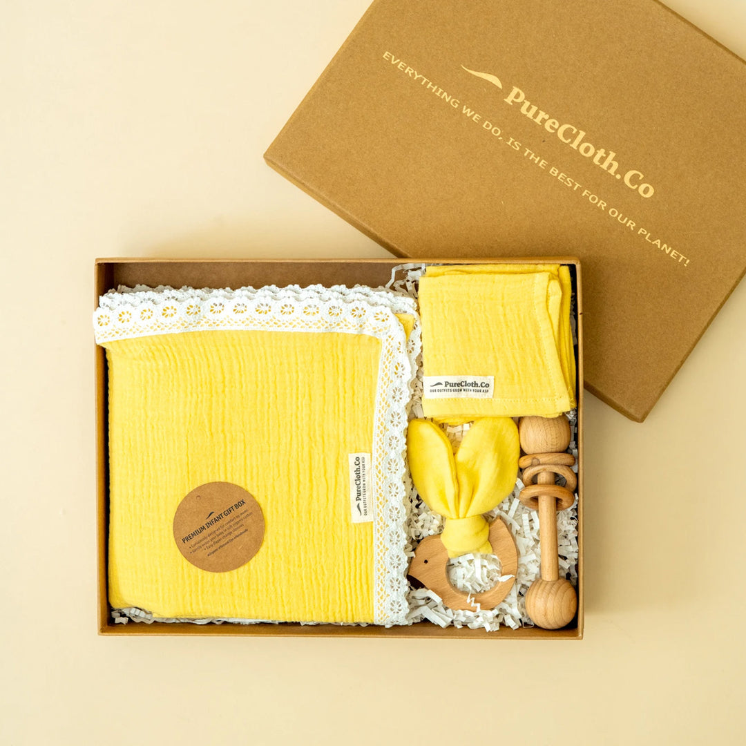 Little Nest Yellow Newborn Gift Hamper | Swaddle, Teether & Rattle