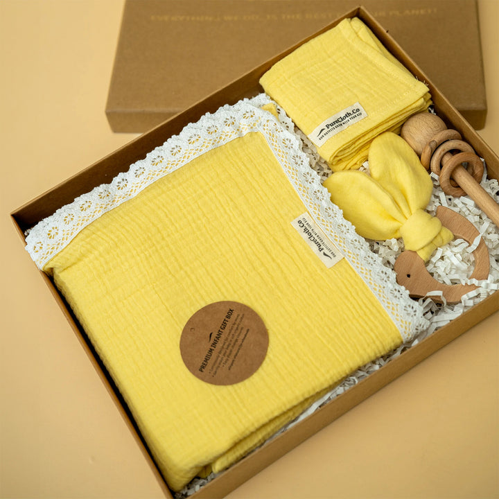 Little Nest Yellow Newborn Gift Hamper | Swaddle, Teether & Rattle