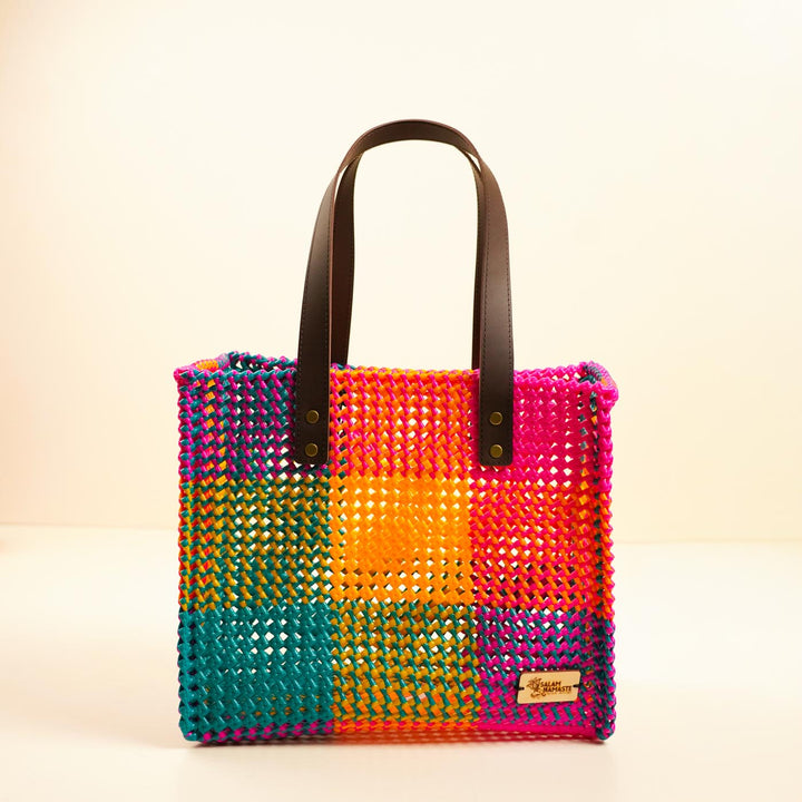 Checkered Multicolor Mukhya Knot Handmade Koodai Tote Bag
