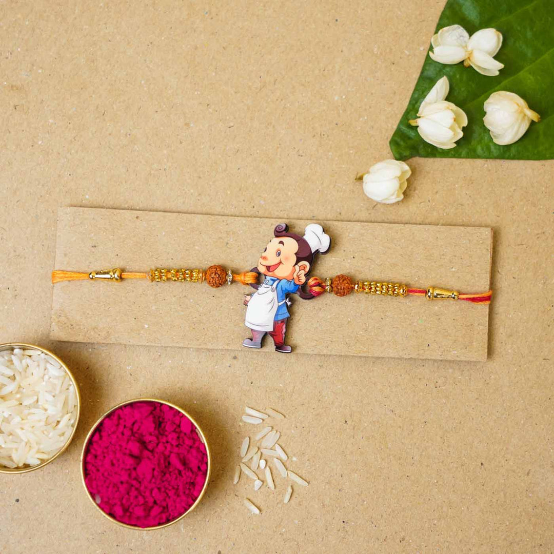 Handmade Printed Masterchef Bhai Wooden Rudraksha Rakhi With Roli Chawal