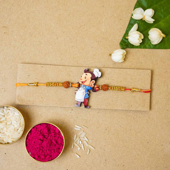 Handmade Printed Masterchef Bhai Wooden Rudraksha Rakhi With Roli Chawal