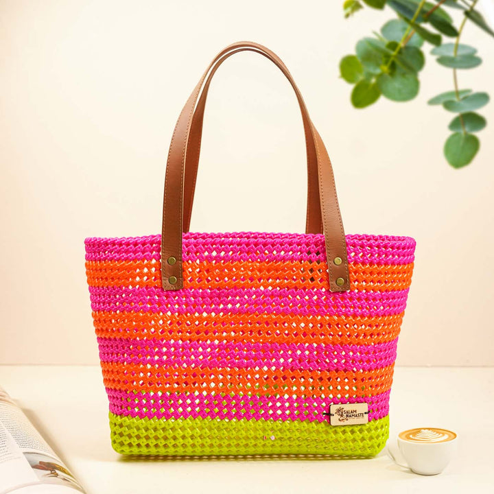 Pink With Green Bottom Mukhya Knot Handmade Koodai Beach Bag