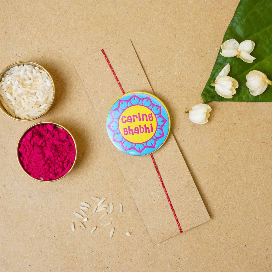 Reusable Printed Caring Bhabhi Magnetic Metal Rakhi With Roli Chawal