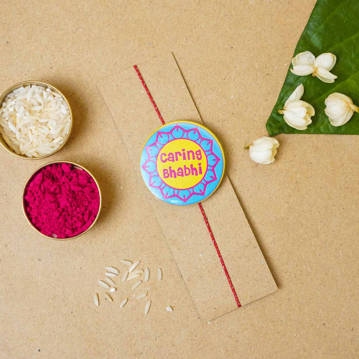 Reusable Printed Caring Bhabhi Magnetic Metal Rakhi With Roli Chawal