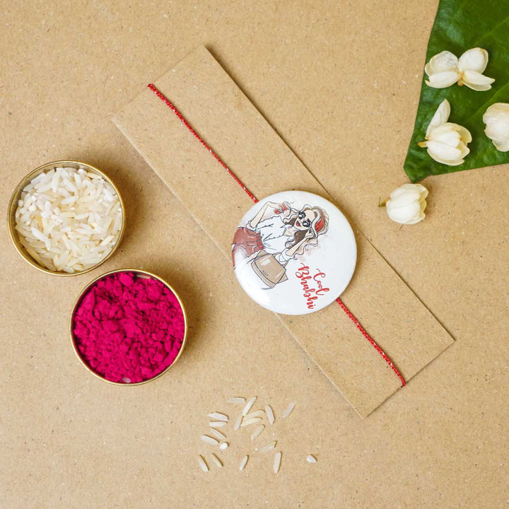 Reusable Printed Cool Bhabhi Magnetic Metal Rakhi With Roli Chawal