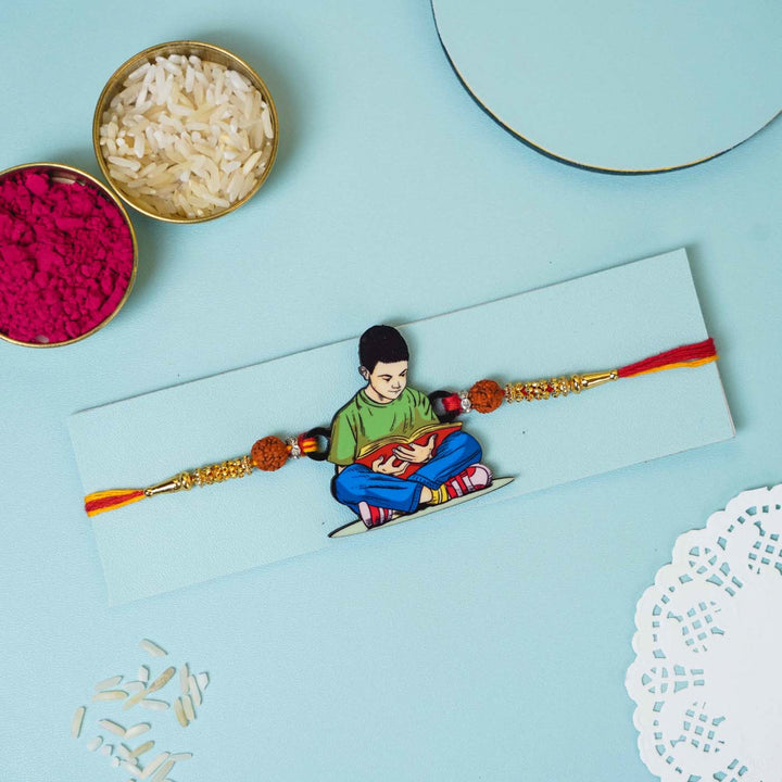 Handmade Printed Padhaku Bhai Wooden Rudraksha Rakhi With Roli Chawal
