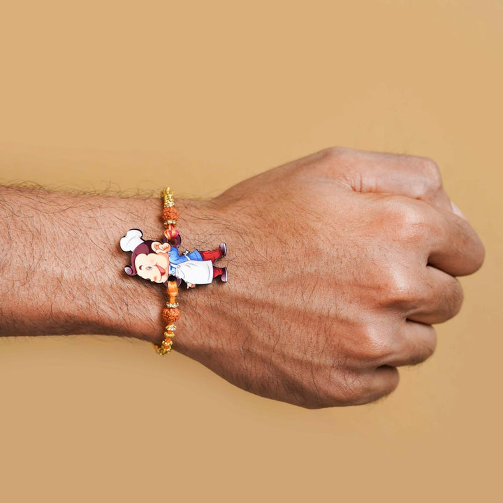 Handmade Printed Masterchef Bhai Wooden Rudraksha Rakhi With Roli Chawal
