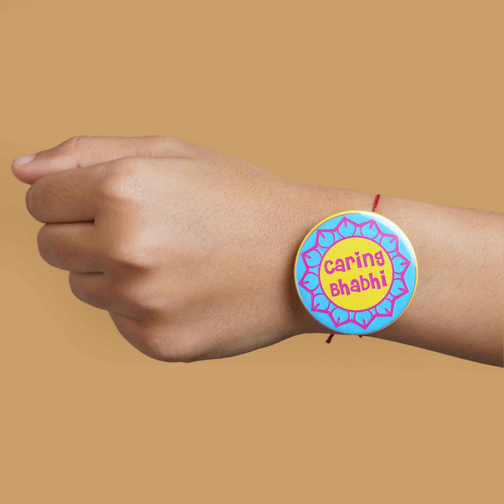 Reusable Printed Caring Bhabhi Magnetic Metal Rakhi With Roli Chawal