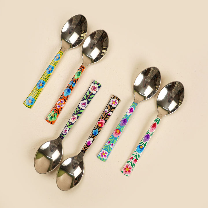 Assorted Hand-Painted Floral Kashmiri Art Stainless Steel Spoons