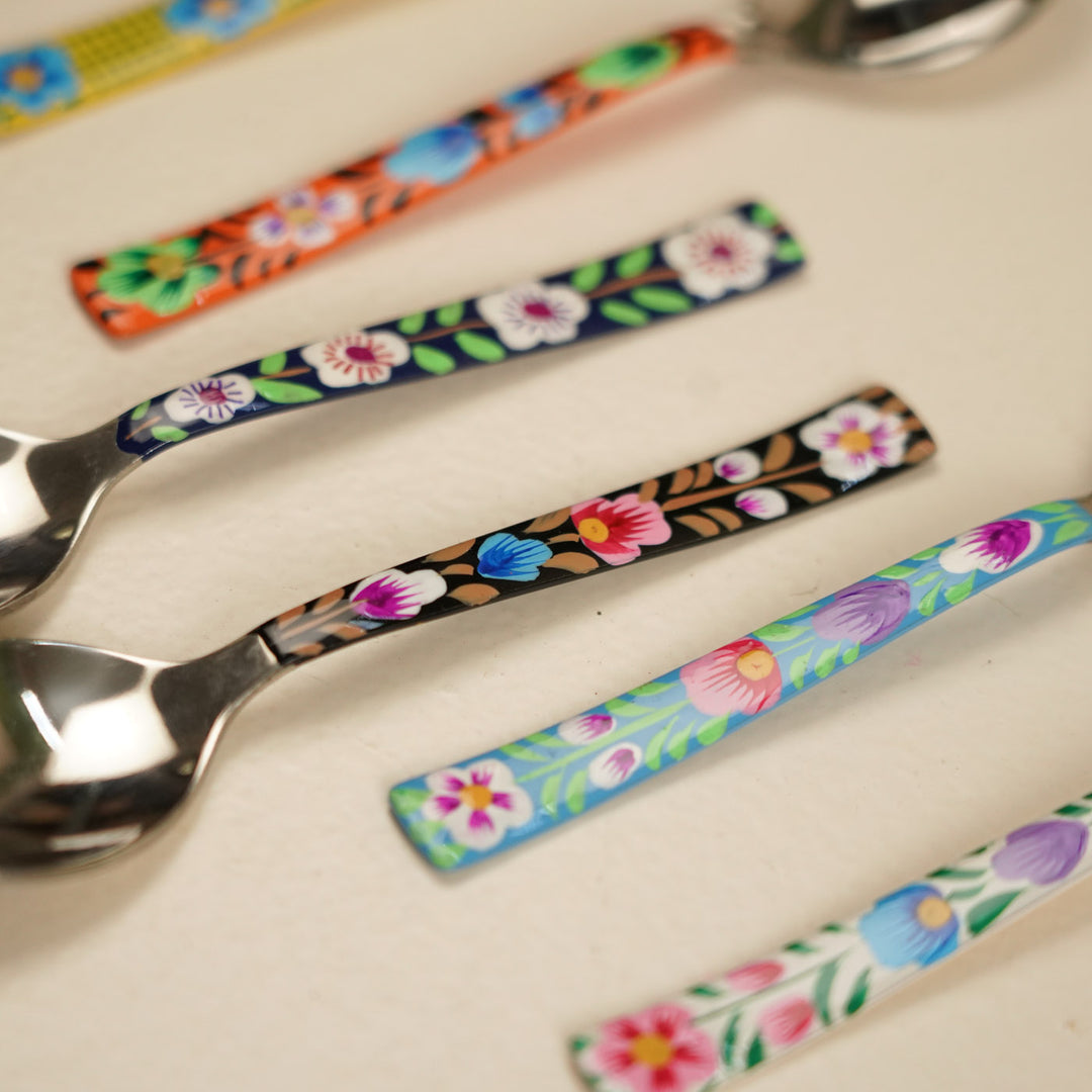 Assorted Hand-Painted Floral Kashmiri Art Stainless Steel Spoons