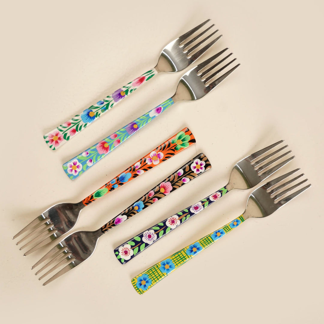 Assorted Hand-Painted Floral Kashmiri Art Stainless Steel Forks