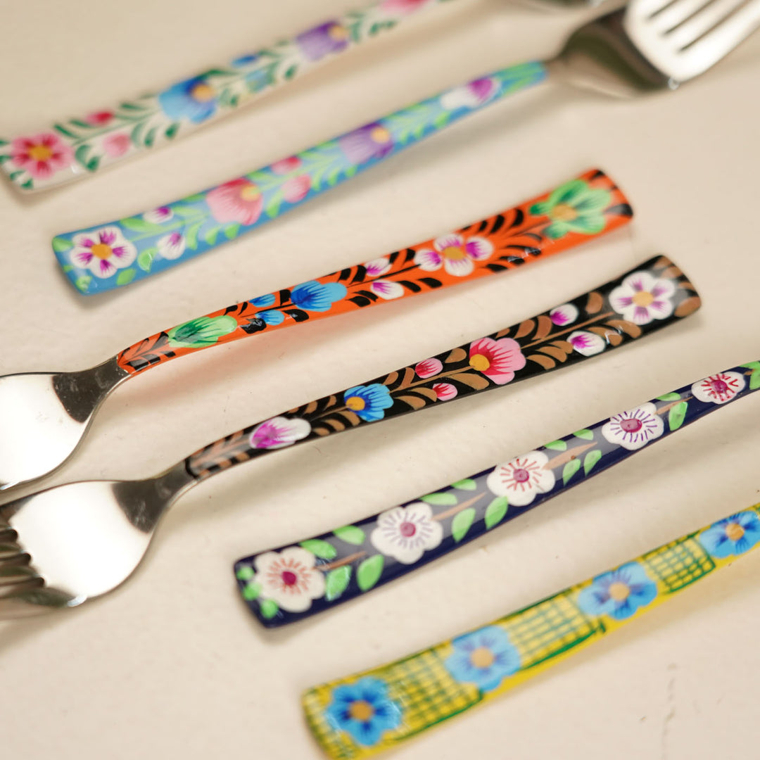Assorted Hand-Painted Floral Kashmiri Art Stainless Steel Forks