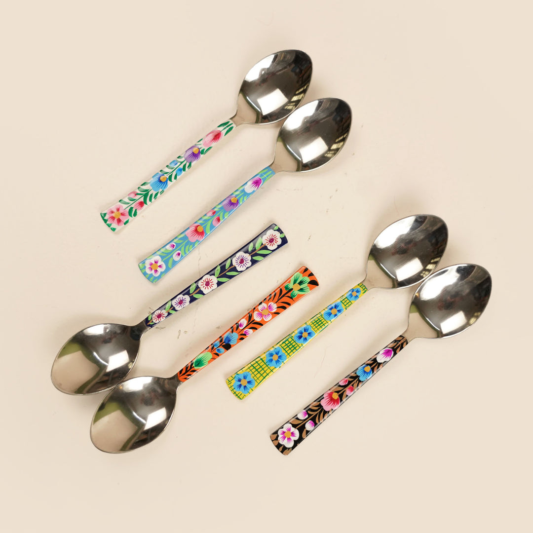 Assorted Hand-Painted Floral Kashmiri Art Stainless Steel Serving Spoons