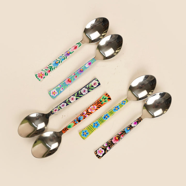 Assorted Hand-Painted Floral Kashmiri Art Stainless Steel Serving Spoons