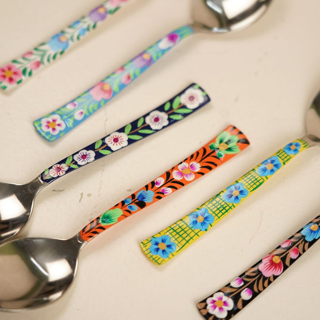 Assorted Hand-Painted Floral Kashmiri Art Stainless Steel Serving Spoons