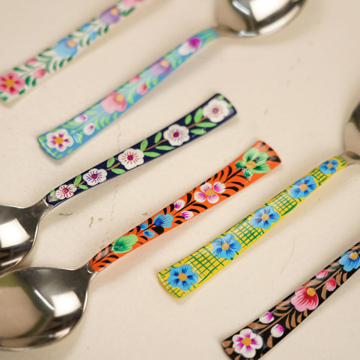 Assorted Hand-Painted Floral Kashmiri Art Stainless Steel Serving Spoons