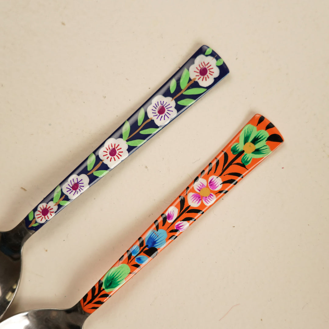 Assorted Hand-Painted Floral Kashmiri Art Stainless Steel Serving Spoons