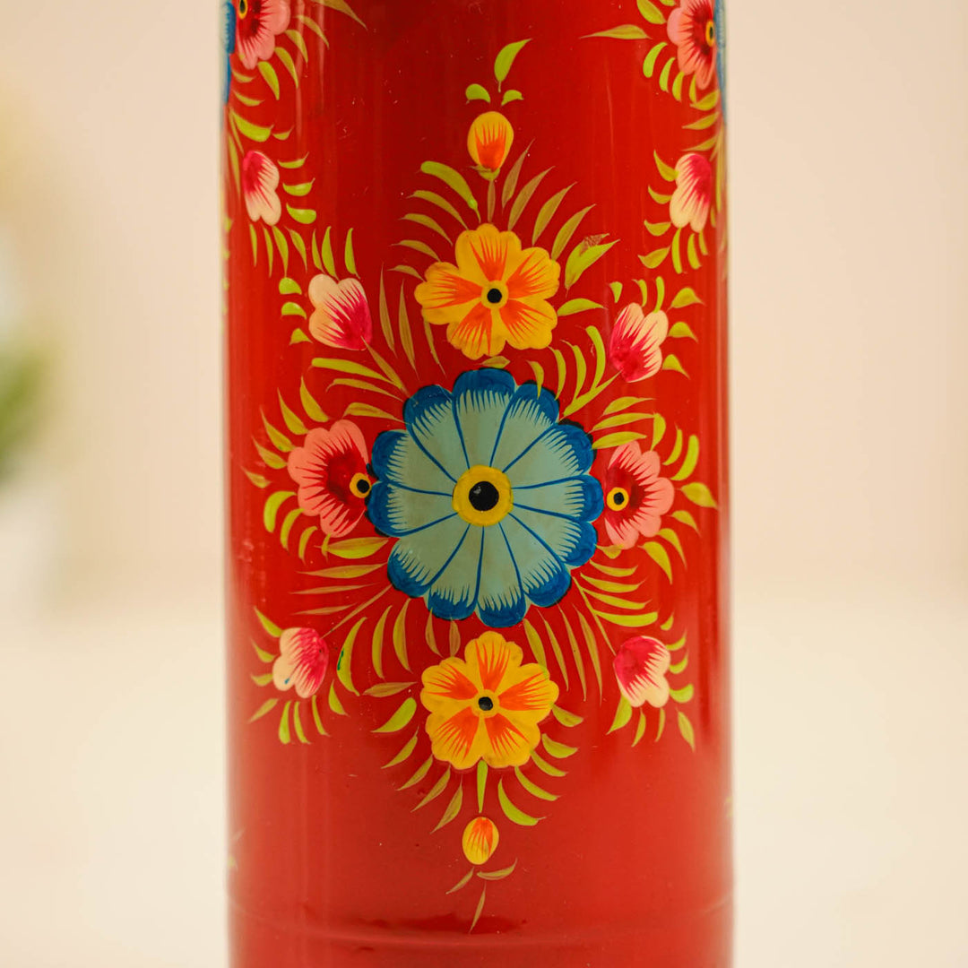 Hand-Painted Red Floral Kashmiri Art Stainless Steel Large Water Bottle