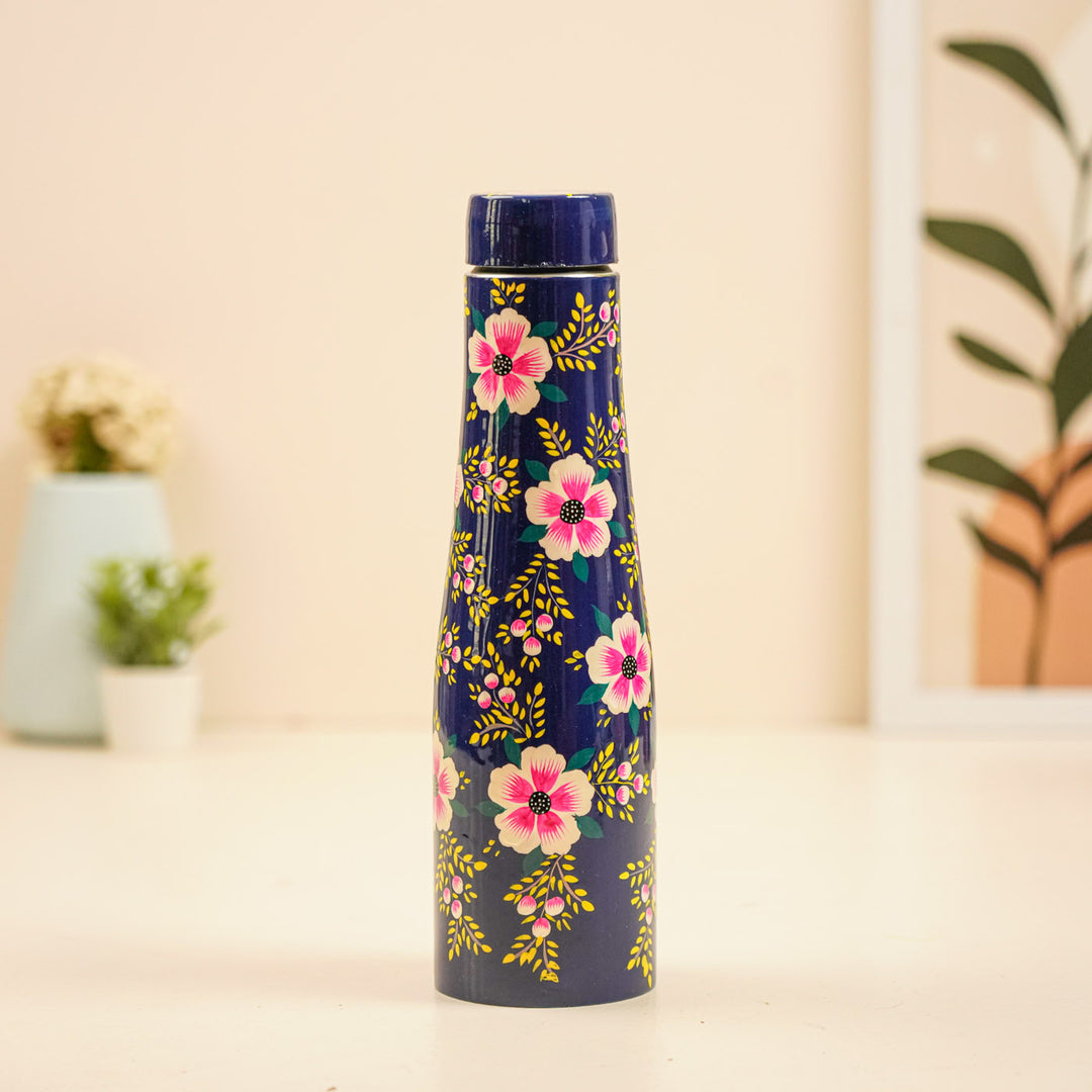 Hand-Painted Blue Floral Kashmiri Art Stainless Steel Small Water Bottle