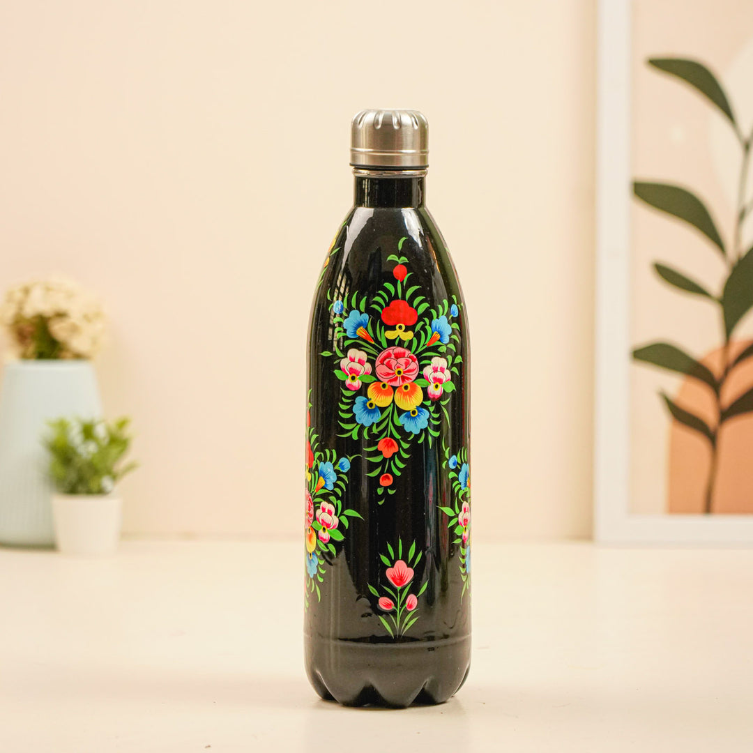 Hand-Painted Black Floral Kashmiri Art Stainless Steel Large Water Bottle