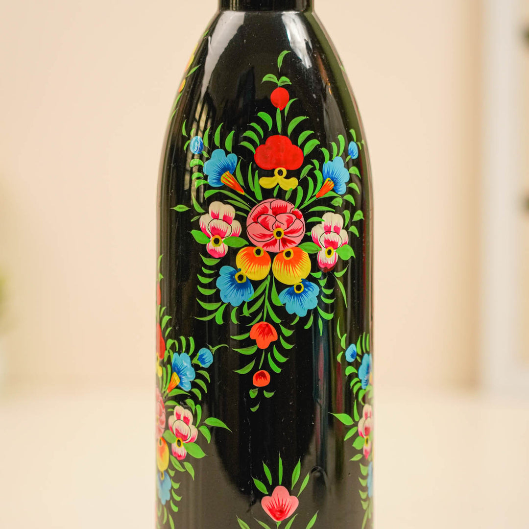 Hand-Painted Black Floral Kashmiri Art Stainless Steel Large Water Bottle