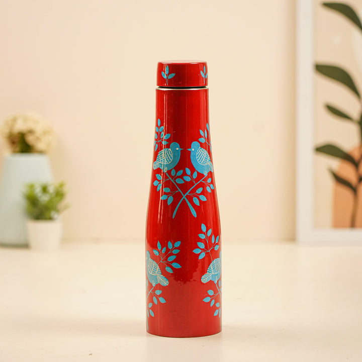 Hand-Painted Red & Blue Birds Kashmiri Art Stainless Steel Small Water Bottle
