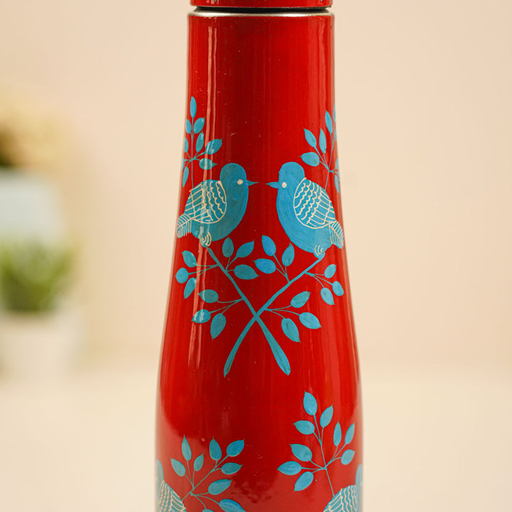 Hand-Painted Red & Blue Birds Kashmiri Art Stainless Steel Small Water Bottle