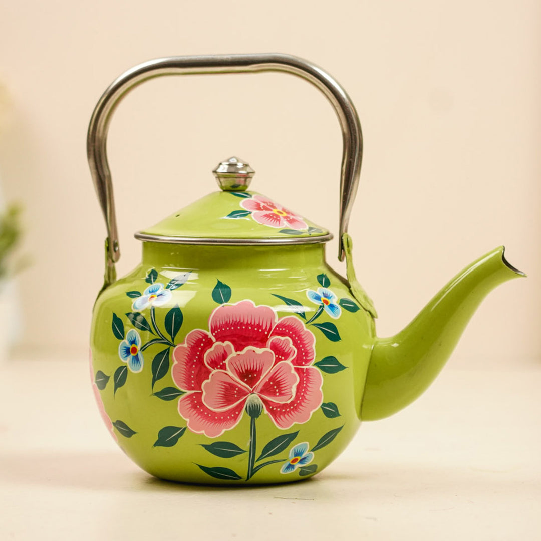 Hand-Painted Pastel Green Floral Kashmiri Art Stainless Steel Teapot