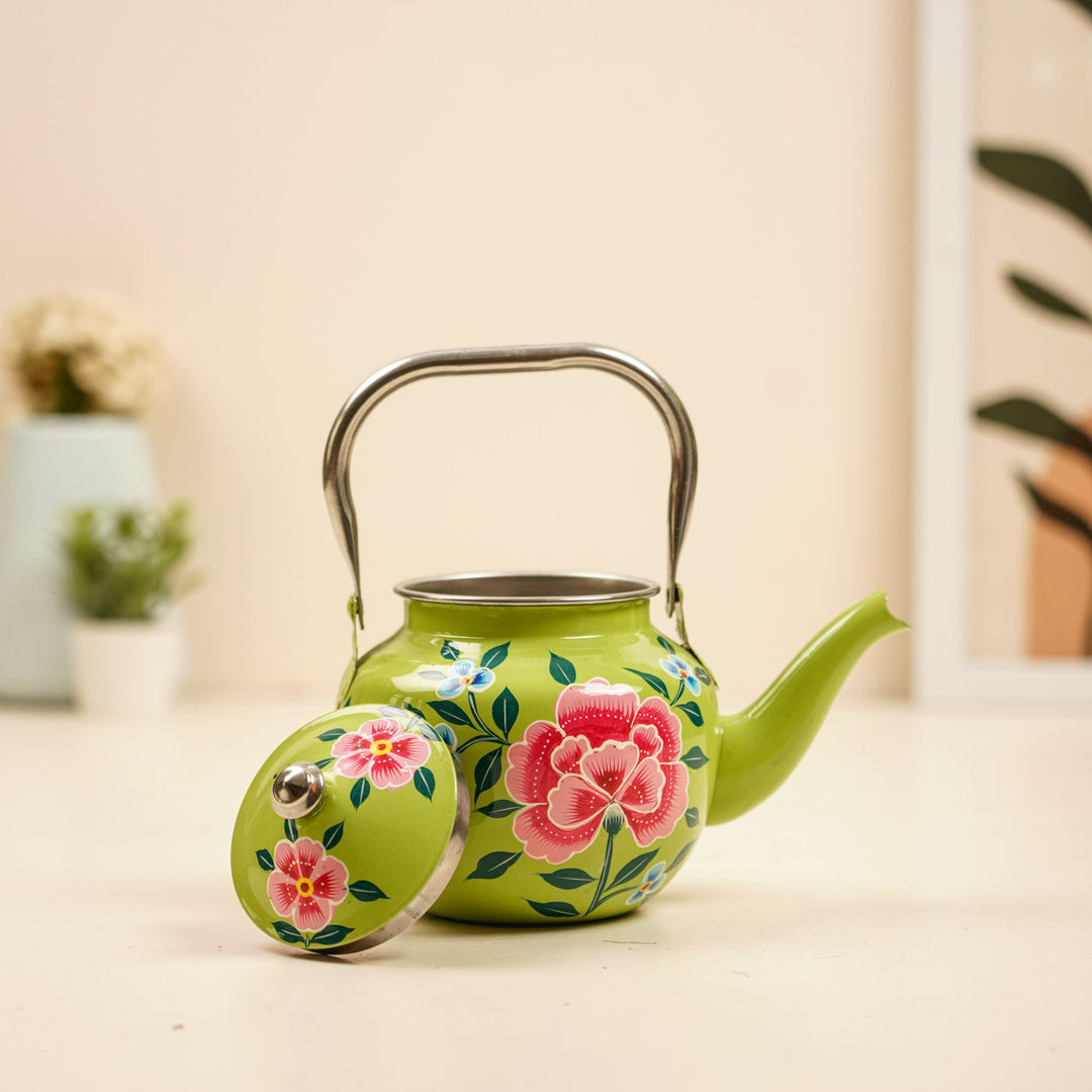Hand-Painted Pastel Green Floral Kashmiri Art Stainless Steel Teapot