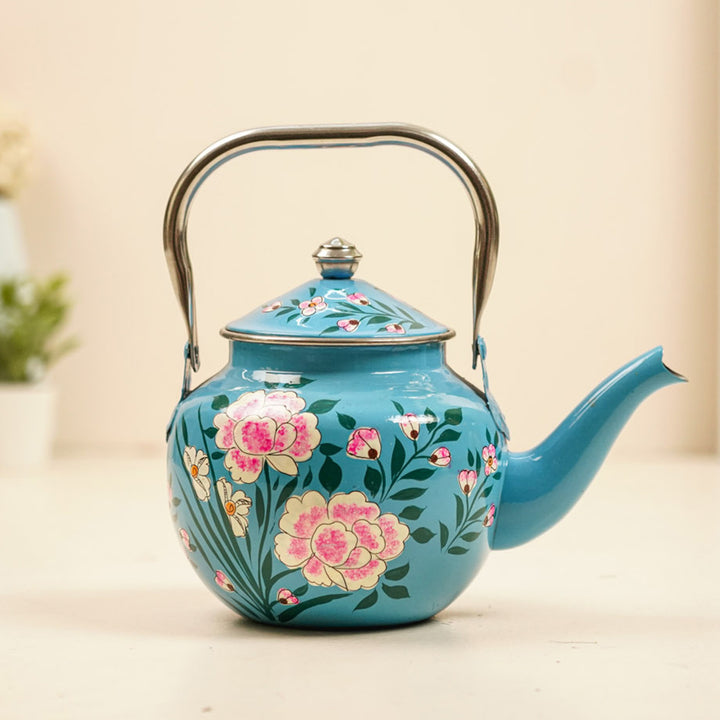 Hand-Painted Pastel Blue Floral Kashmiri Art Stainless Steel Teapot