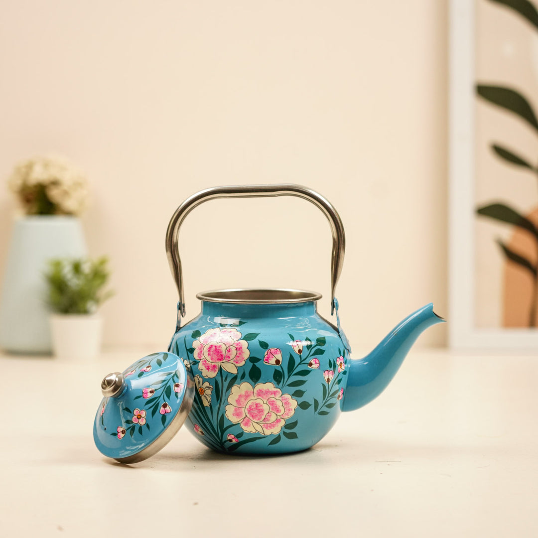 Hand-Painted Pastel Blue Floral Kashmiri Art Stainless Steel Teapot