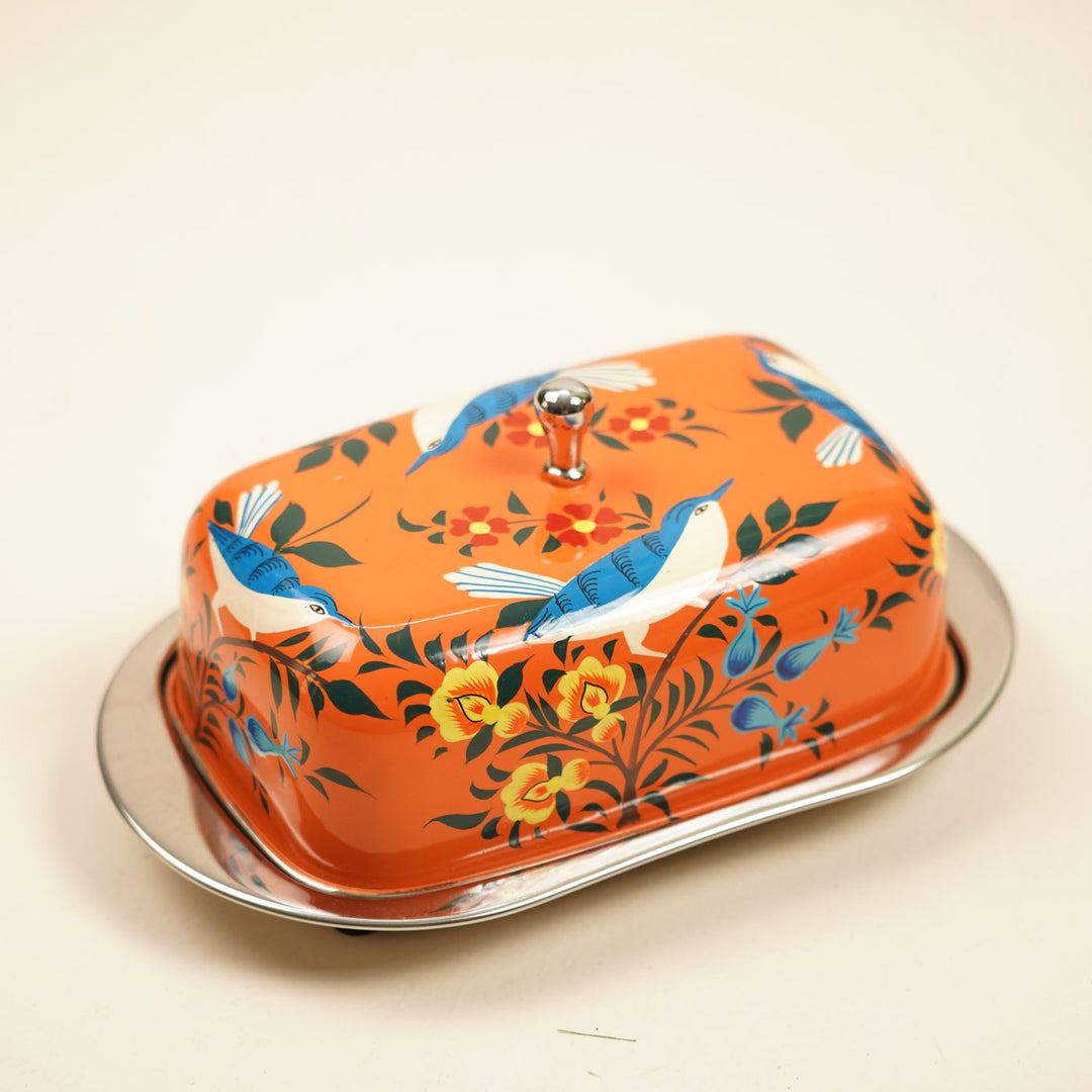 Hand-Painted Orange Birds Kashmiri Art Stainless Steel Butter Dish