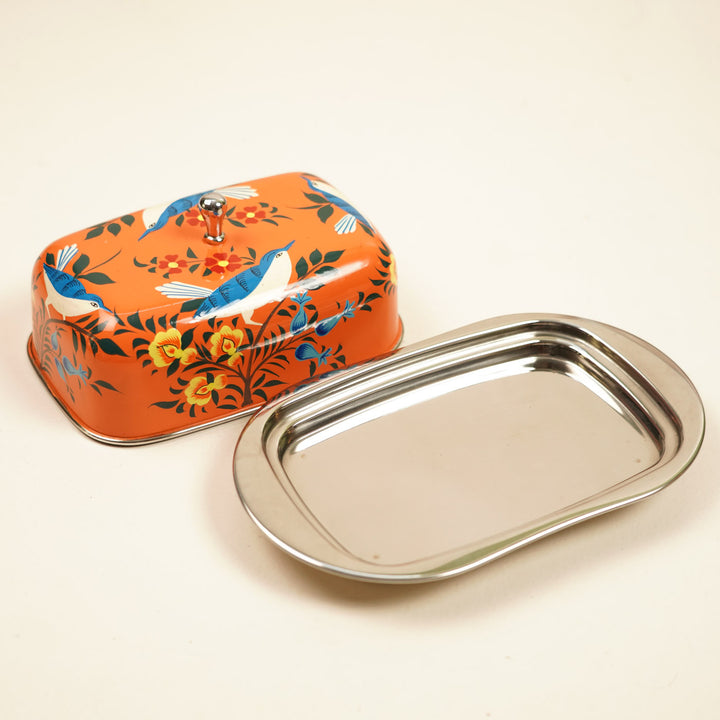 Hand-Painted Orange Birds Kashmiri Art Stainless Steel Butter Dish