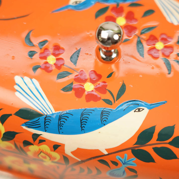 Hand-Painted Orange Birds Kashmiri Art Stainless Steel Butter Dish