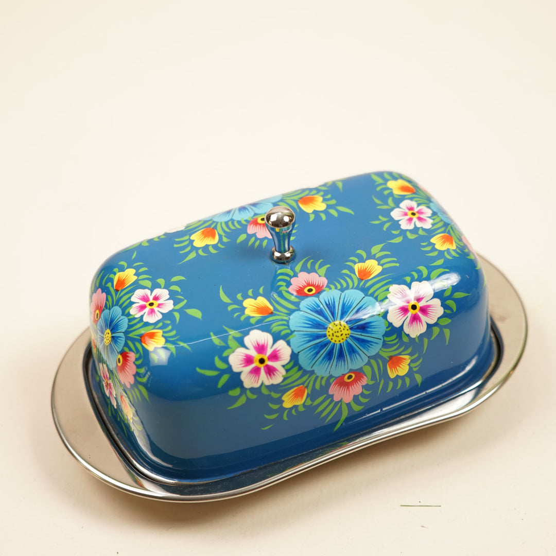 Hand-Painted Blue Floral Kashmiri Art Stainless Steel Butter Dish