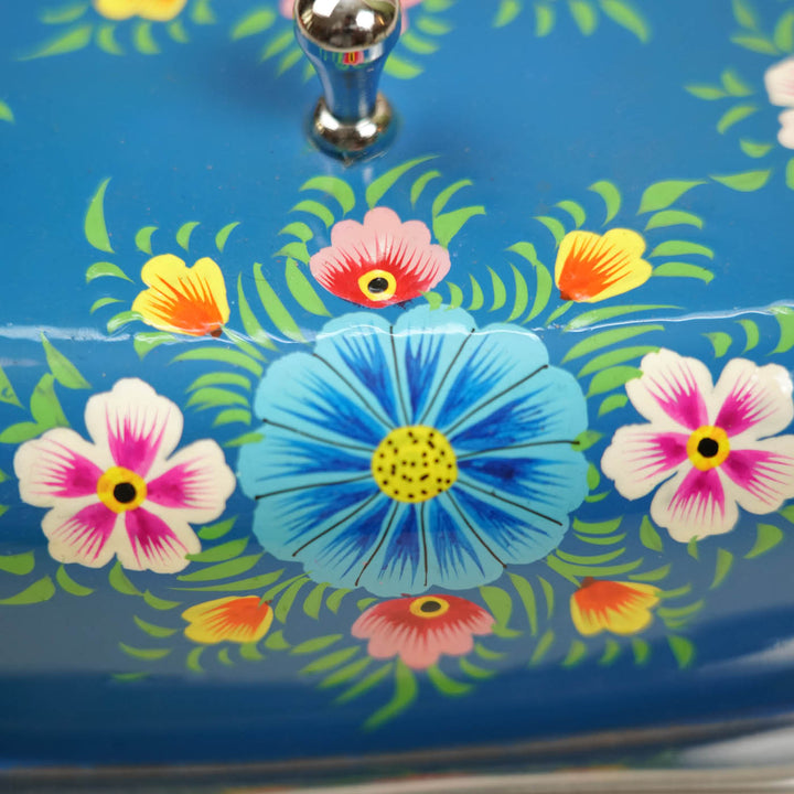 Hand-Painted Blue Floral Kashmiri Art Stainless Steel Butter Dish
