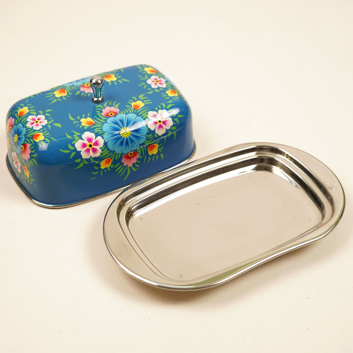 Hand-Painted Blue Floral Kashmiri Art Stainless Steel Butter Dish