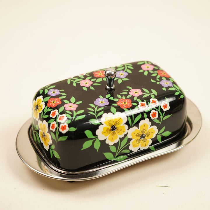 Hand-Painted Black Floral Kashmiri Art Stainless Steel Butter Dish
