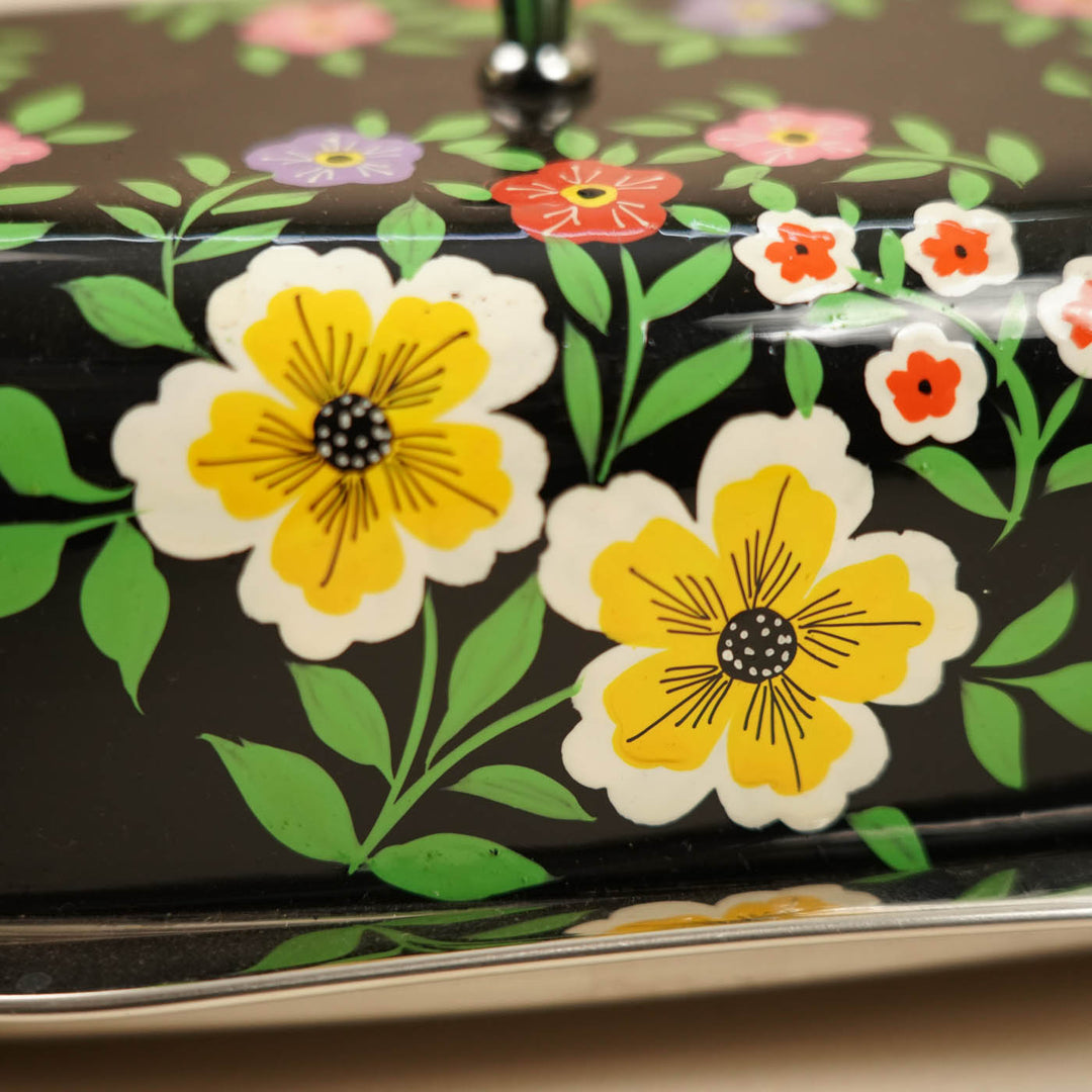Hand-Painted Black Floral Kashmiri Art Stainless Steel Butter Dish