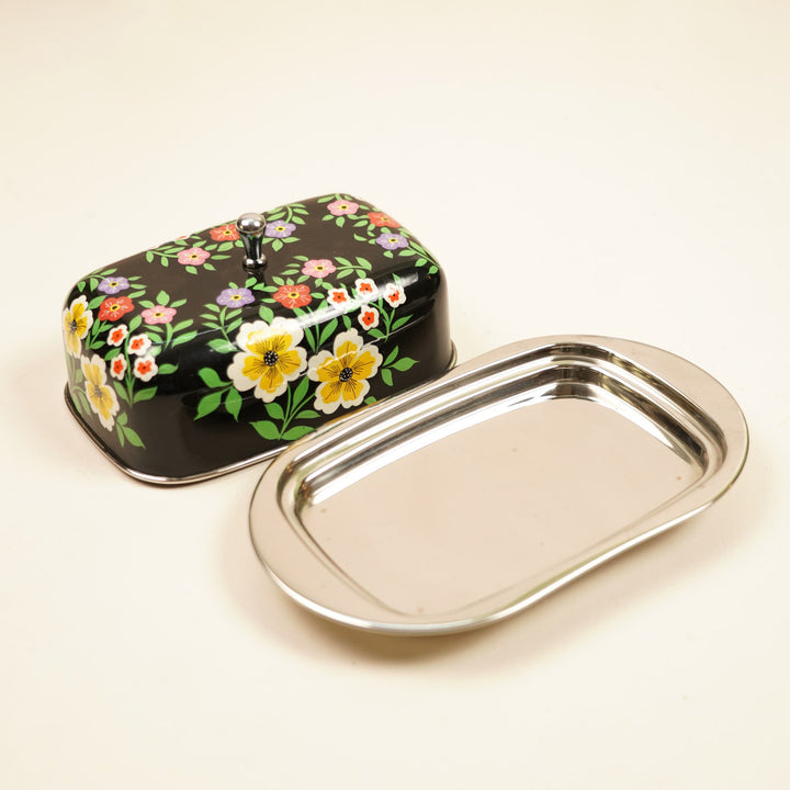 Hand-Painted Black Floral Kashmiri Art Stainless Steel Butter Dish