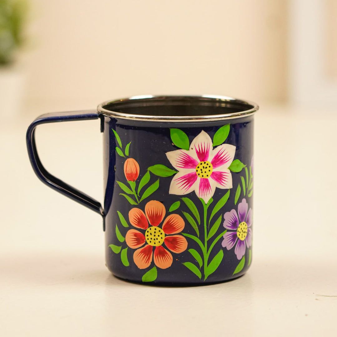 Hand-Painted Blue Floral Kashmiri Art Stainless Steel Mug