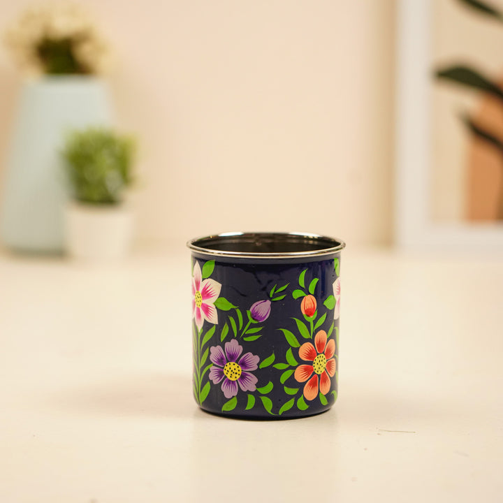 Hand-Painted Blue Floral Kashmiri Art Stainless Steel Mug
