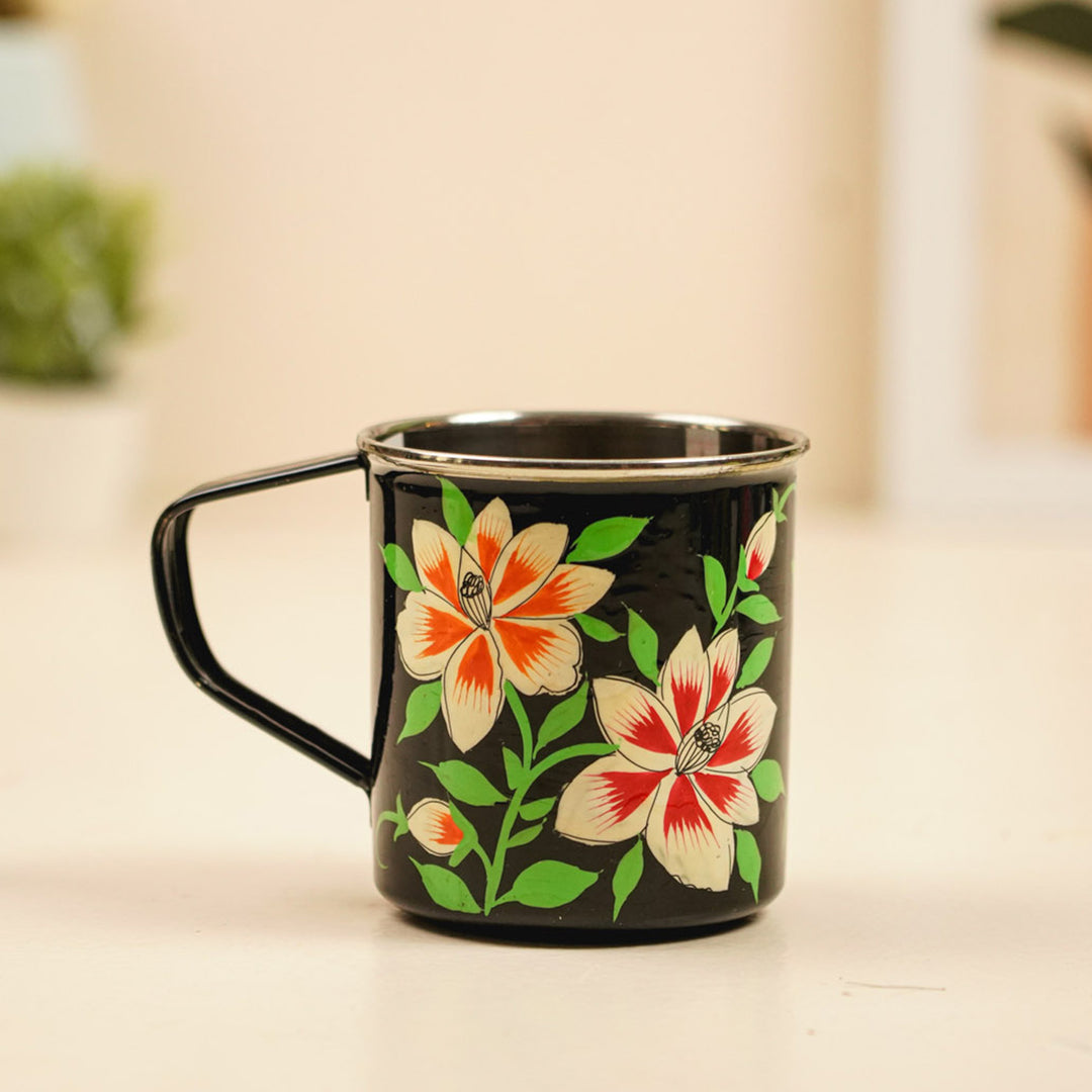Hand-Painted Black Floral Kashmiri Art Stainless Steel Mug